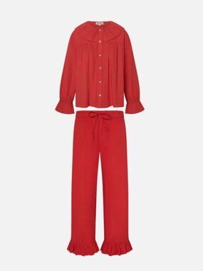 Sonderhaus Slow Down SET In Cranberry Ruffle Poplin Cotton Womens XS